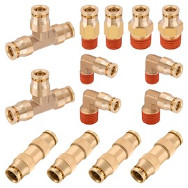 XaXmTee 14 Pcs 1/4" Brass DOT Air Line Fittings Kit 1/8" 1/4" DOT Push Lock Air Fittings NPT Thread & Quick Connect Air Hose Fittings Kit
