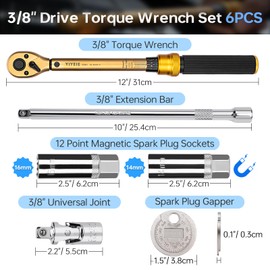 3/8-Inch Drive Torque Wrench Set, 10-45 FT.LB (13.6-61Nm), Magnetic Spark Plug Socket Set, 12-Point Sockets 14mm & 16mm, Spark Plug Gap Tool, ±3% Accuracy, 72-Tooth Torque Wrench for Motor, Car Repair