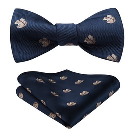 HISDERN Men's Classic Self Bow Tie And Pocket Square Set Wedding Party Accessories, One Size, Navy Blue & Linen