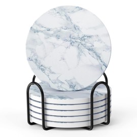 Juego de 6 Portavasos para Mesa Absorbentes, Posavasos de Marmol Antideslizantes de Cerámica para Bebidas, con Soporte de Metal Negro, Coasters para Varios Tipos de Vasos de Agua y Copas de Vino (Blanco)