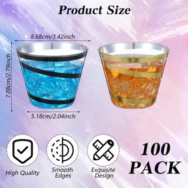 HOFURME 100 Pcs Black and Gold Rimmed Swirl Clear Plastic Cups, 9 oz Disposable Plastic Wine Glasses, Heavy Duty Cocktail Glasses Cups for Party, Wedding,Birthday(50 Gold, 50 Black)