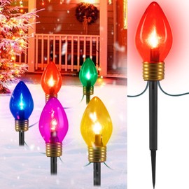 2 Pack Jumbo C9 Christmas Pathway Lights Outdoor Decorations Lawn with Stakes,Tota 17Ft 10 LED String Lights Covered Jumbo Multicolored Walkway Lights Bulb for Holiday Outside Yard Garden Decor