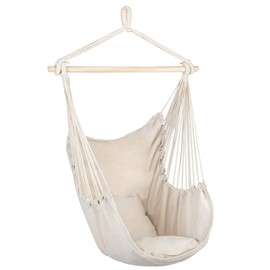 Hammock Chair Hanging Rope Swing,Cotton Canvas Hanging Rope Chair for Superior Comfort & Durability,2 Cushions Included,Perfect for Outdoor, Home, Bedroom, Patio, Yard (Beige)