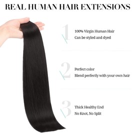 DOORES Tape Extensions, Real Hair, Natural Real Hair, Tape-In Human Hair, Natural Black, 60 cm (24 Inches), 50 g, 20 Pieces, Real Hair Tape-In Extensions, Straight Hair, Skin Weft
