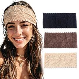 3 PCS Wide Boho Lace Headbands Stretchy Vintage Floral Hair Bands for Women