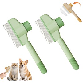 Cat Brush, Dog Brush, Cat Comb for Long Hair/Short Hair, Flea Comb for Cats Dogs with One Button, Pet Care Brush for Removing Undercoat, Loose Fur and Dirt (Green x 2)