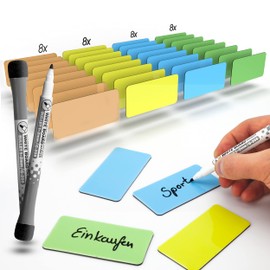 BLAUFUCHS Magnetic Strips Writeable Includes 2 Markers - 32 Pieces (4 Colours) - 80 x 40 mm Magnetic Labels for Writing on Magnetic Labels Writeable Magnets for Writing on Whiteboard and Kanban