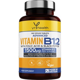 Vegan Vitamin B12 Tablets 1500mcg Methylcobalamin High Strength with Added Folic Acid & Black Pepper - 180 Tablets (6 Month Supply) - Reduction of Tiredness & Fatigue - Made in The UK by YrHealth