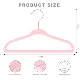 BAGIAL Kids Velvet Hangers 14 Inches Children's Clothes Hangers Non-Slip Baby Hangers for Infant/Toddler (Pink,50pack)