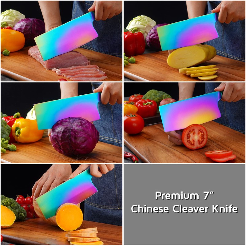 WELLSTAR Rainbow Meat Cleaver, 7 inch Iridescent Chinese Meat Vegetable