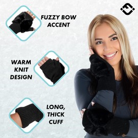 Funky Junque Women's Faux Fur Fingerless Gloves, Soft Cozy Knitted Winter Warm Gloves With Fuzzy Bow, Ribbed Design, Black