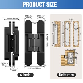 Eegoowa 6" Hidden Door Hinge,Invisible Door,Hidden Door Hinges for Secret Door 3-Way Adjustable Butt 6 x 2.5 x 1 (2PCS) (Black, 6 inches)