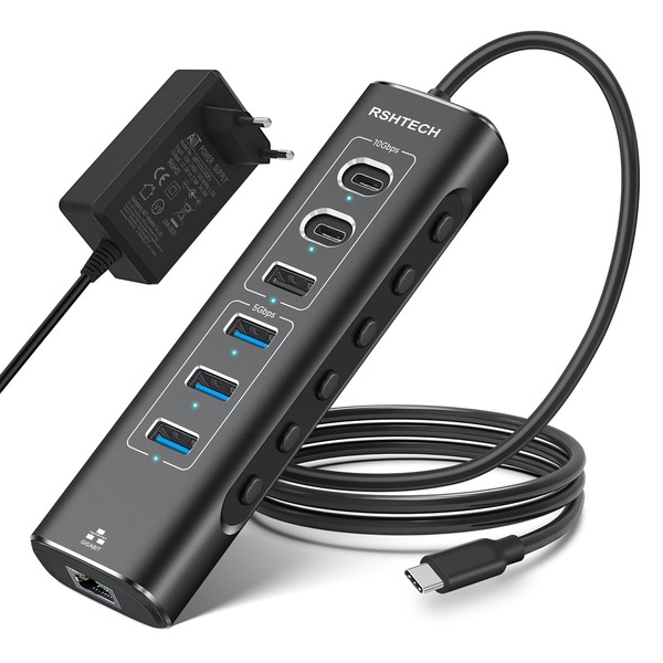USB C 3.1 Hub Active with Power Supply, RSHTECH 7-in-1 USB C 3.2 Hub with Ethernet Adapter, 3 x 10Gbps USB 3.2 (2 x Type C, 1 x Type-A), 3 x 5 Gbps USB 3.0, USB-C Cable, 24 W Power Supply, Aluminium
