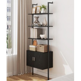 Yusong 73" Tall Bookshelf with Cabinet, Industrial Ladder Wall Mount Shelf Bookcase with Wood and Metal Frame, Plant Shelf Wall Storage Display for Living Room Bedroom, Black Wood Grain