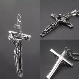 Shimmering keepsake from my USA art studio men steel CROSS CRUCIFIX  JESUS man pendant SILVER 22" necklace FREE GIFT BOX