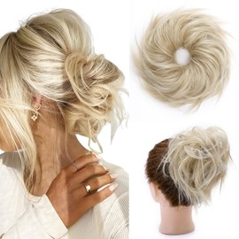 S-noilite Messy Hair Bun Extension Elastic Rubber Band Tousled Scrunchie Fluffy Scrunchy Wavy Chignon Wrap On Updo Instant Hair Bun Hair Piece For Women (Medium Blonde/Blonde)
