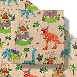 RUSPEPA Dinosaur Wrapping Paper Birthday Boy, Mini Roll, Kraft Wrapping Paper with Dinosaur and Cakes Pattern Designs, Gift Wrap for Kids, Birthday, Party and Holiday, 17 in x 16.4 ft
