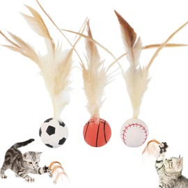 猫おもちゃ ボール 羽付きボール 3個 猫用おもちゃ 猫用フェザーボールおもちゃ 猫遊び用 猫用インタラクティブバウンシングボールフェザーおもちゃ 室内猫用 トレーニング 追跡 狩猟 ストレス解消 運動不足対策 (バスケットボール＋サッカー＋野球)