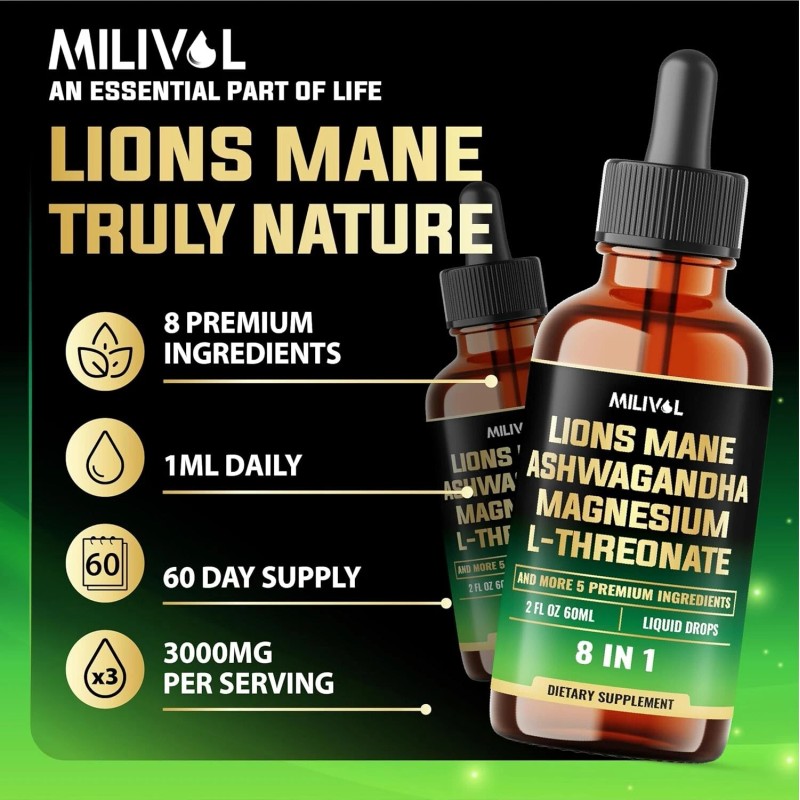 MILIVOL 10in1 Magnesium L-Threonate Liquid Drops with Magnesium Glycinate Ash...