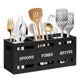 Zinueen Utensil Pots for Worktop, 3 Compartments Wooden Cutlery Holder - Container for Kitchen Utensils, Kitchen Utensils Storage, Storage Kitchen Utensils (Black)