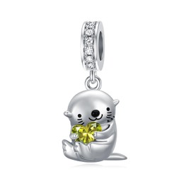 ROMANTICWORK Otter Birthstone Charm, 925 Sterling Silver, 12 Months Otter Charm for Otter Bracelets, Otter Beads Jewellery for Women, Otter Lovers, Sterling Silver, No Gemstone