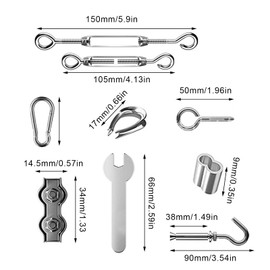 SaferCCTV 59Pcs Sun Shade Sail Hardware Kit with 98FT Cable Wire Rope, Heavy Duty Stainless Steel Anti-Rust Hardware Kit for Triangle Rectangle Sun Shade Sail Installation for Outdoors Garden Patio