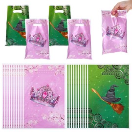50 Pcs Witch Musical Pink Crown Party Favors Bags, Gifts Bags,Green and Pink Party Goodie Bag,Magical Witch Hat Princess Crown Pattern Printed Candy Treat Bag for Women Parties Supplies Decorations