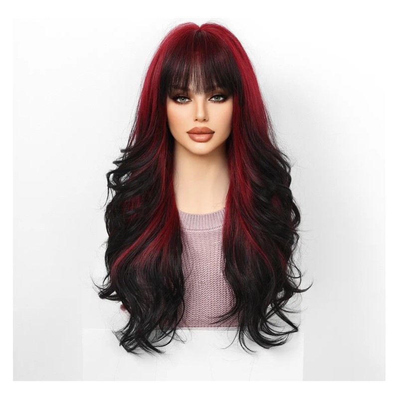 Rojo Vino Pelucas Mujer Dama Larga Ondulada Cabello Natural