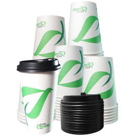 20 oz Compostable Paper Cups with Black Dome Lids - Biodegradable Disposable White Paper Coffee Cups PLA Lined - Eco-friendly Hot and Cold Drinking Cups (50)