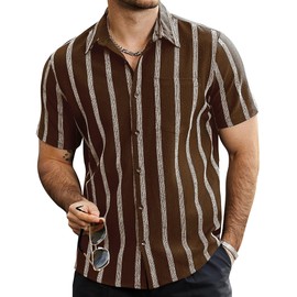VATPAVE Mens Summer Striped Shirts Button Down Short Sleeve Vintage Beach Hawaiian Shirts with Pocket Medium Coffee Button Up