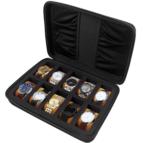 COMECASE 10 Slots Watch Box Organizer/Men Watch Display Storage Case Fits All Wristwatches and Smart Watches up to 42mm with Extra 4 Pocket for Watch Band and Other Accessories (Black)