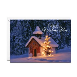 Burg Street Creations German Christmas Card - Fröhliche Weihnachten (Snow-Covered Forest Chapel with Christmas Tree)