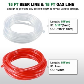 Hilangsan Kegerator Beer Line Tubing 15ft 3/16 Beer Line + 15ft CO2 Gas Line, Keg Line CO2 Hose for Home Brew, Kegerator Lines CO2 Tubing with Hose Clamps