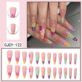 Flower Press on Nails Stiletto Fake Nails with Colorful Floral Designs 24 Pcs Natural Reusable Long Almond Acrylic Nail Full Cover Stick on Nail for Women Summer WYFHDT