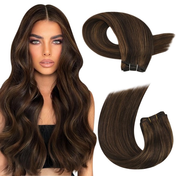 Moresoo Real Hair Wefts, Brown Extensions, Wefts, Real Hair Extensions, Remy Real Hair Wefts Extensions for Sewing Darkest Brown with Light Brown #P2/8, 55 cm, 100 g