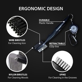 Kaizen Golf Club Cleaning Brush - Extendable, Dual-Sided Nylon & Steel Bristles with Spike & Carabiner Clip (Black)
