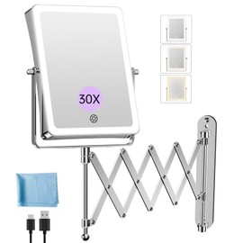 FASCINATE 5000mAh Rechargeable Wall Mounted Makeup Mirror with Lights, 8.7 Inch Double Sided Touch Switch 1X 30X Magnifying Bathroom Mirror, 3 Color Lights Dimmable Extended Arm 360°Rotation (Chrome)