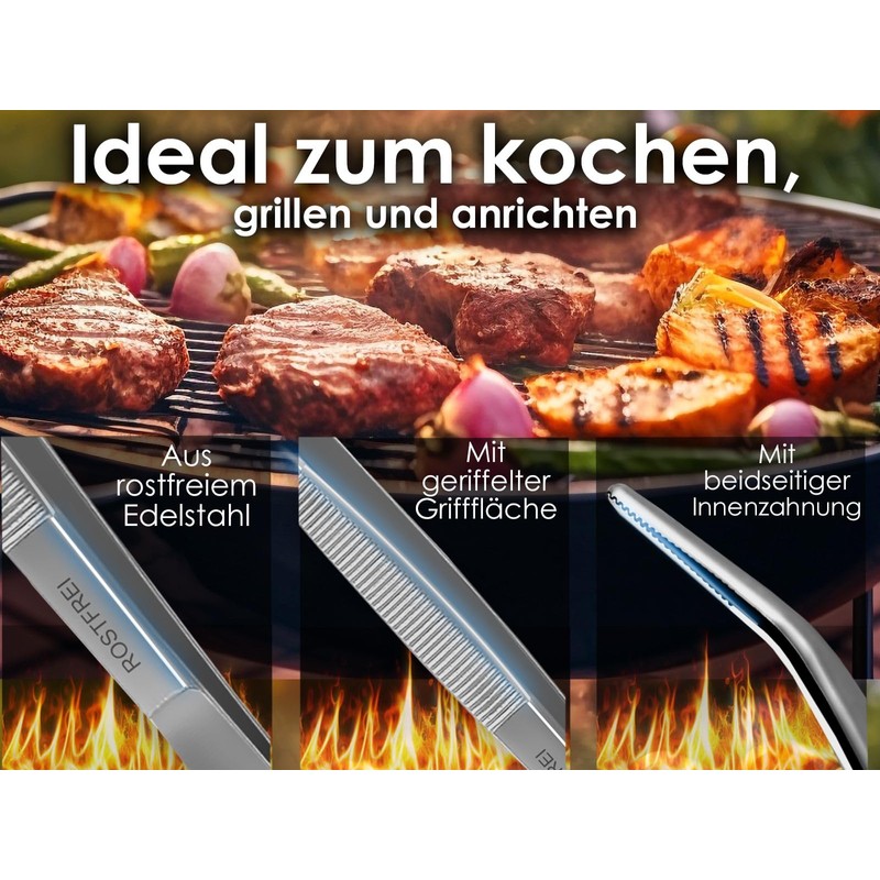 Curved frying tweezers, meat tweezers, cooking tweezers, 30 cm
