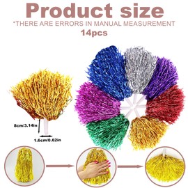 Pack of 14 Cheerleader Pompoms, Cheerleading Poms in 7 Colours, Pom Poms Cheerleader Accessories for Kids, Sports Events, Team Spirit, School Events, 25 cm