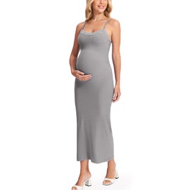MOMANDA Women’s Maternity Dress Ribbed Nursing Nightgowns with Built in Bra Sleeveless Bodycon Dresses for Breastfeeding Heather Carbon Small