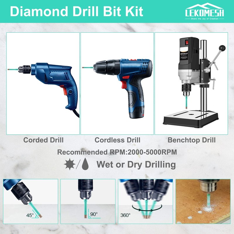 LEKOMESH Diamond Core Drill Bits Set 4pcs Tile Hole Saw