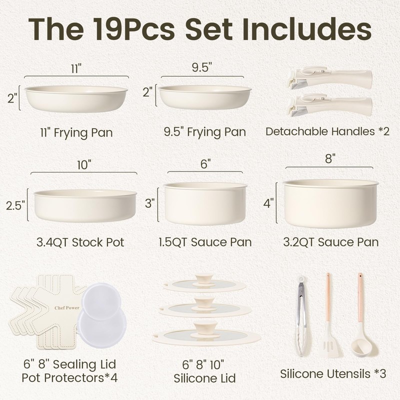 Chef Power Ceramic Cookware Set Non Toxic with Detachable Handles,