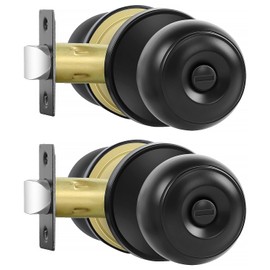 RAZCC Privacy Door Knobs, 2 Pack Matte Black Door Knobs with Lock, Bed and Bath Door Knob Interior Keyless Locksets, Round Door Handles Reversible for Left Right Handed Doors