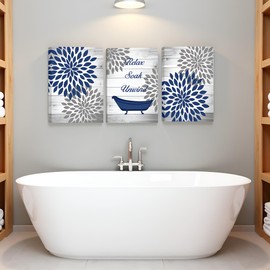 RnnJoile 3 Pieces Rustic Floral Canvas Wall Art Dahlia Relax Soak Unwind Painting Artwork for Home Bathroom Decor Navy Blue Flower Picture Print Framed Ready to Hang Each Piece 12x16 Inch