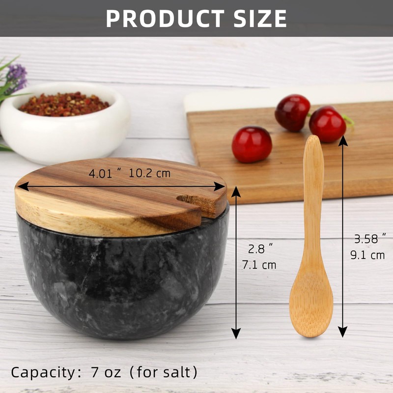 Marble Salt Cellar Box with Wood Lid & Spoon, Modern