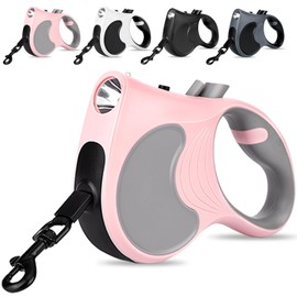 Retractable Dog Leash with Flashlight 16ft Walking Leash for Dogs up to 77lbs, 360° Tangle-Free Nylon Tape Anti-Slip Handle -Pink