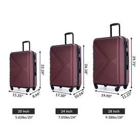YLIEHS 3 Piece Luggage Sets Lightweight Hard-Shell Suitcase with Spinner Wheels, TSA Combination Lock, Wine Red
