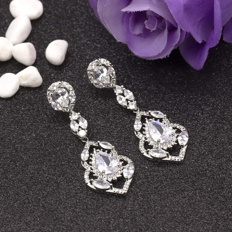 QUKE Silver Tone CZ Austrian Crystal Water Drop Bridal Wedding