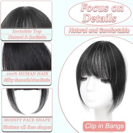 Clip in Bangs, 100% Real Human Hair French Fake Bangs Hair Clip for Women Black Natural Curtain Fringe with Temples Hairpieces for Daily Wear (French, Black)
