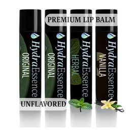 HydraEssence Lip Balm 4 Pack | Pure Essentials | Original (2), Vanilla & Herbal Mint | Lightweight Beeswax with Shea & Cocoa Butter | Natural Formula for Dry Chapped Lips | Made in USA